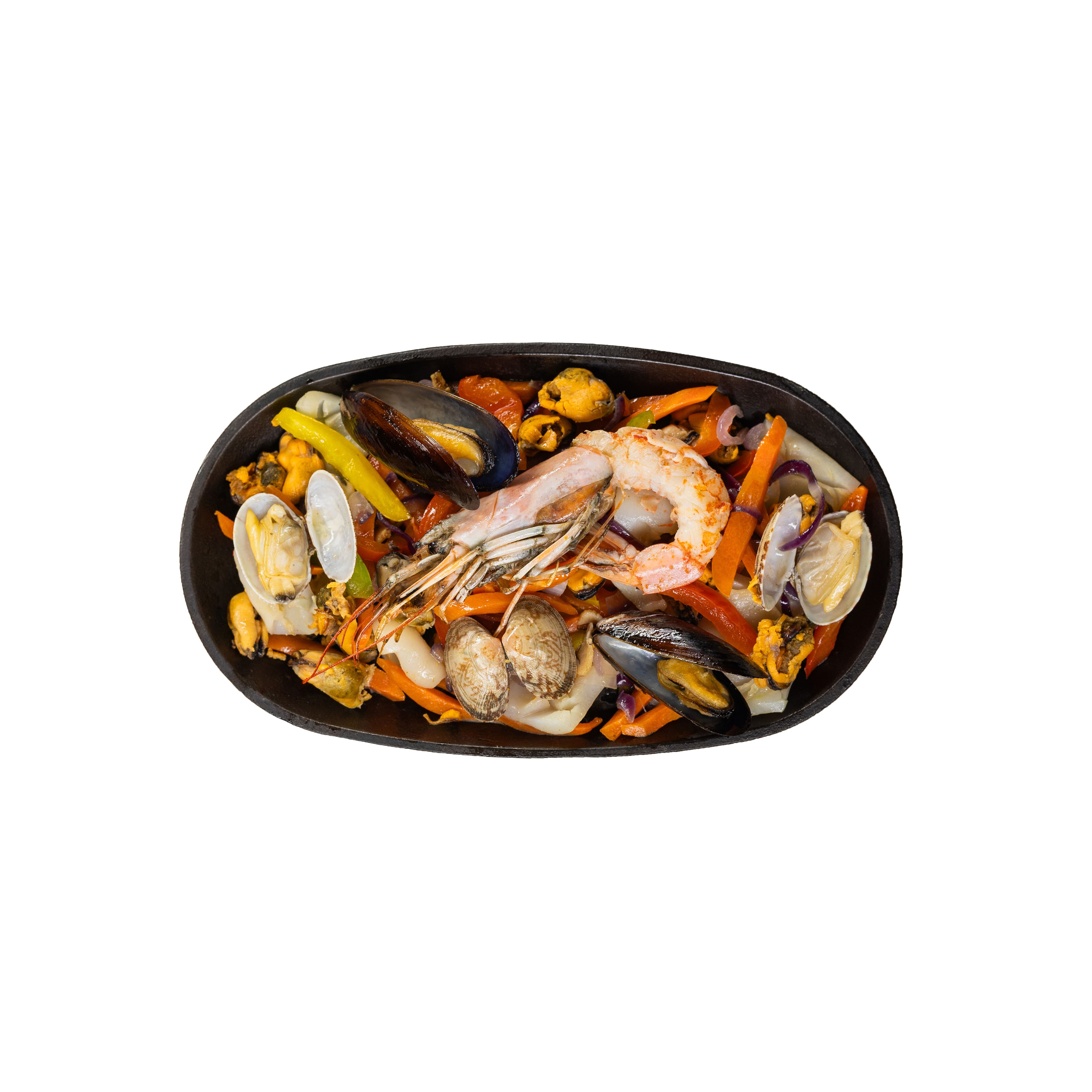 Морепродукты с овощами фламбе